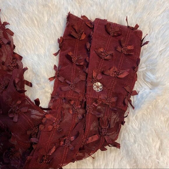 Kenar Wine Colored Ribboned Semi Sheer Blouse, Size 10. - Picture 5 of 10